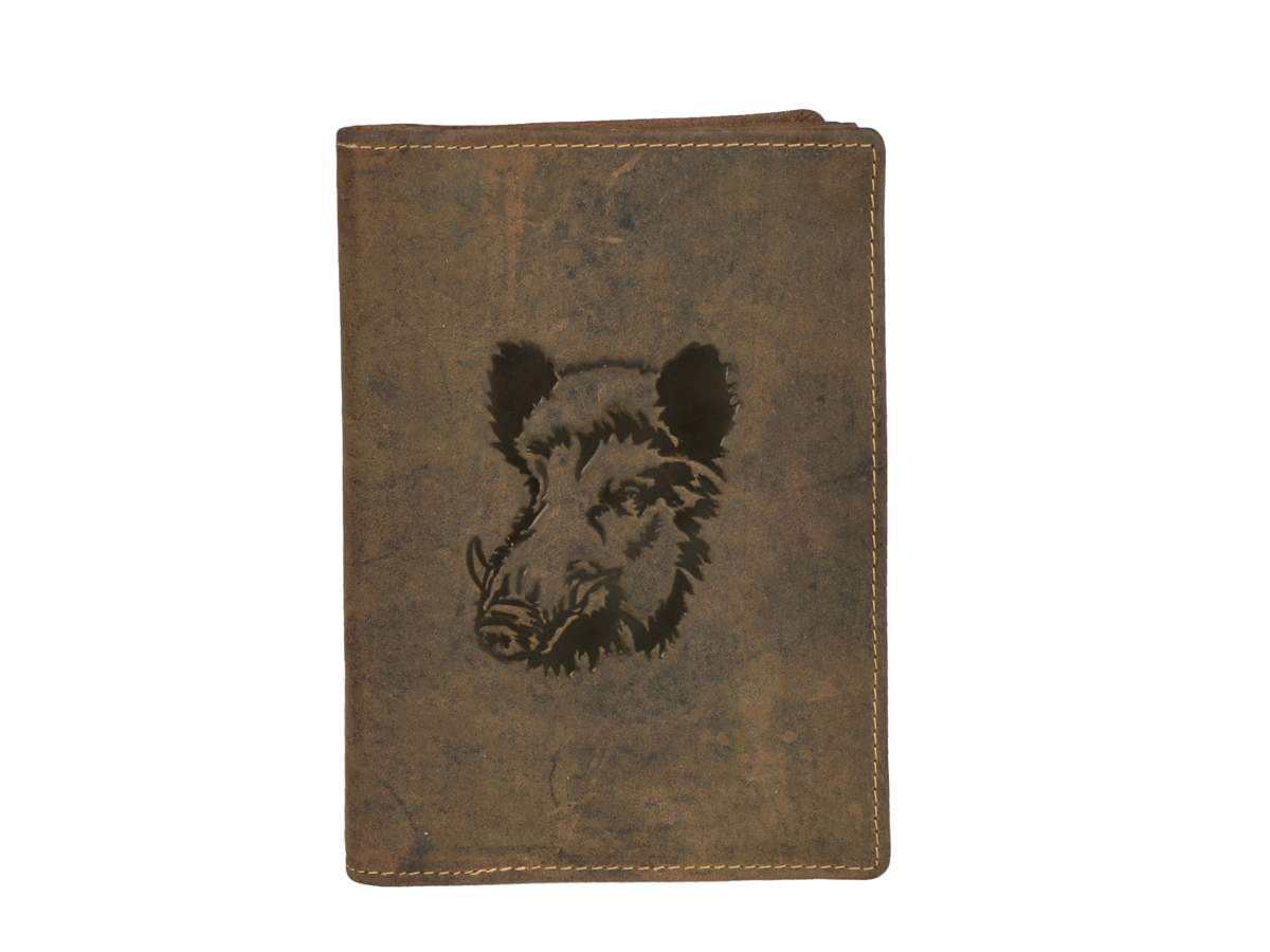 Lederen etui voor jachtakte met afbeelding van een zwijn.